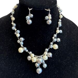 LUC Lucas Lameth Sterling Silver 925 Gray White Pearl Necklace & Earrings SET